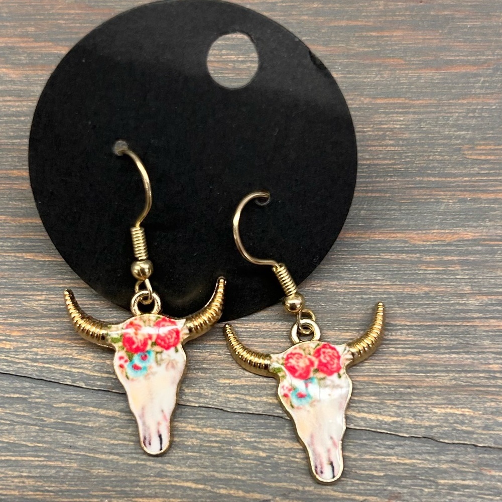 NEW pink & white rose bull skull earrings